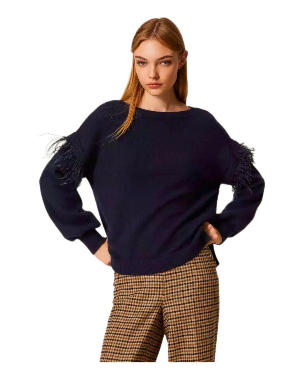 Twinset Blue Sweater With Feathers