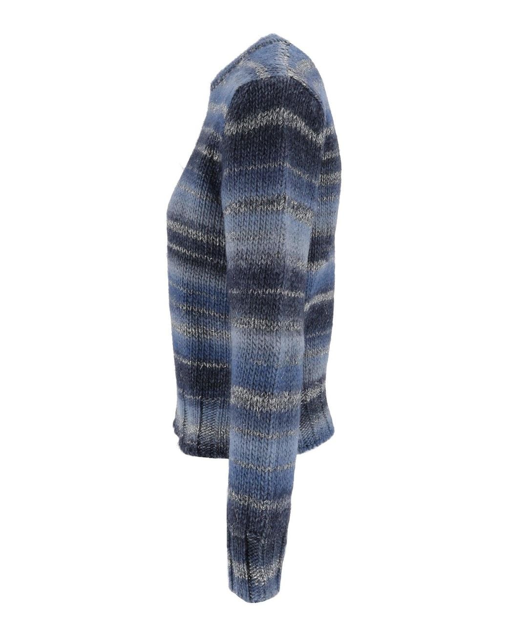 Kangra Cashmere Blue Horizontal Striped Printed Yarn Crewneck Sweater
