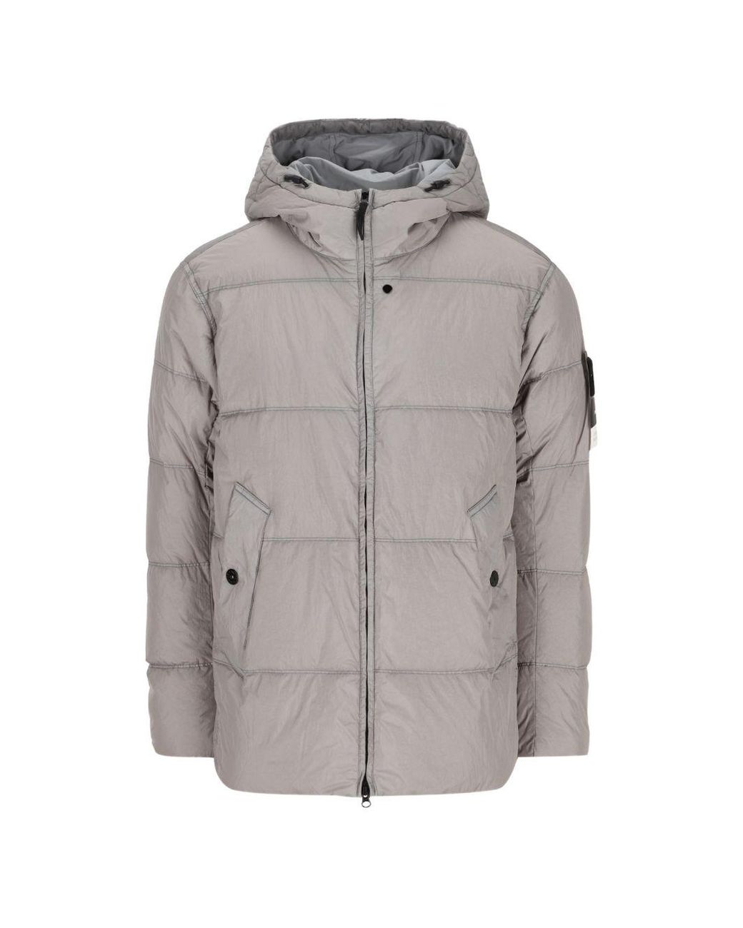 Stone Island Gray Hooded Puffer Jacket With Double-Adjustable Drawstring, Slanted Snap Pockets & Two-Way Zip for men