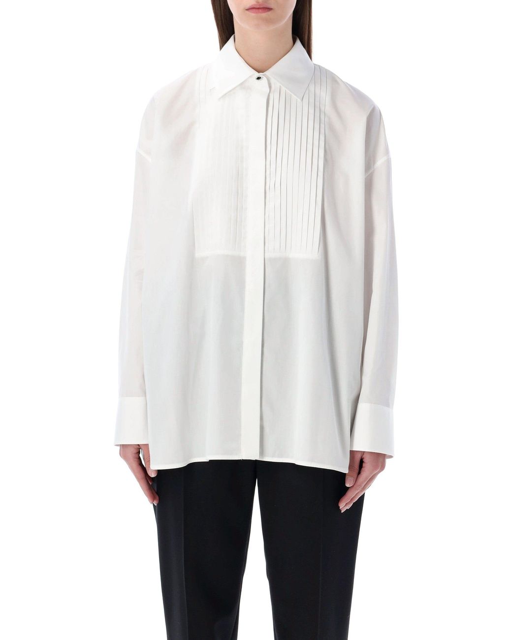 Golden Goose Deluxe Brand White Oversized Cotton Shirt With Pleated Bib And Jewel Buttons