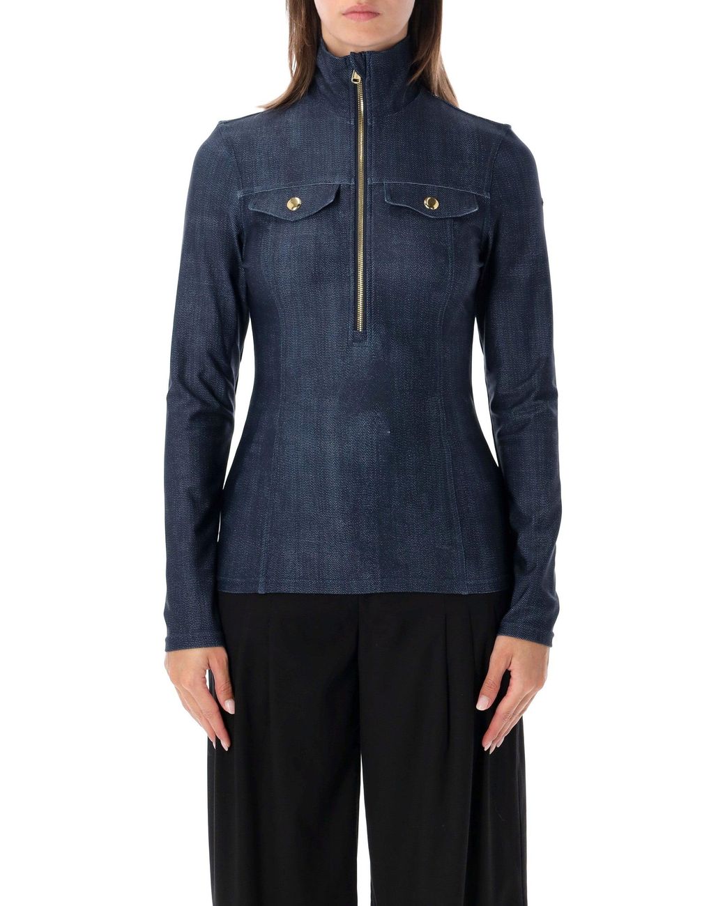 Goldbergh Blue Fitted Half-Zip Mock Neck Top
