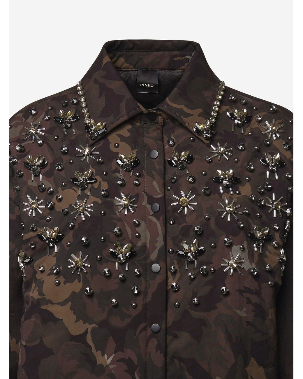 Pinko Black Nylon Jacket With Floral Camouflage And Embroidered Details