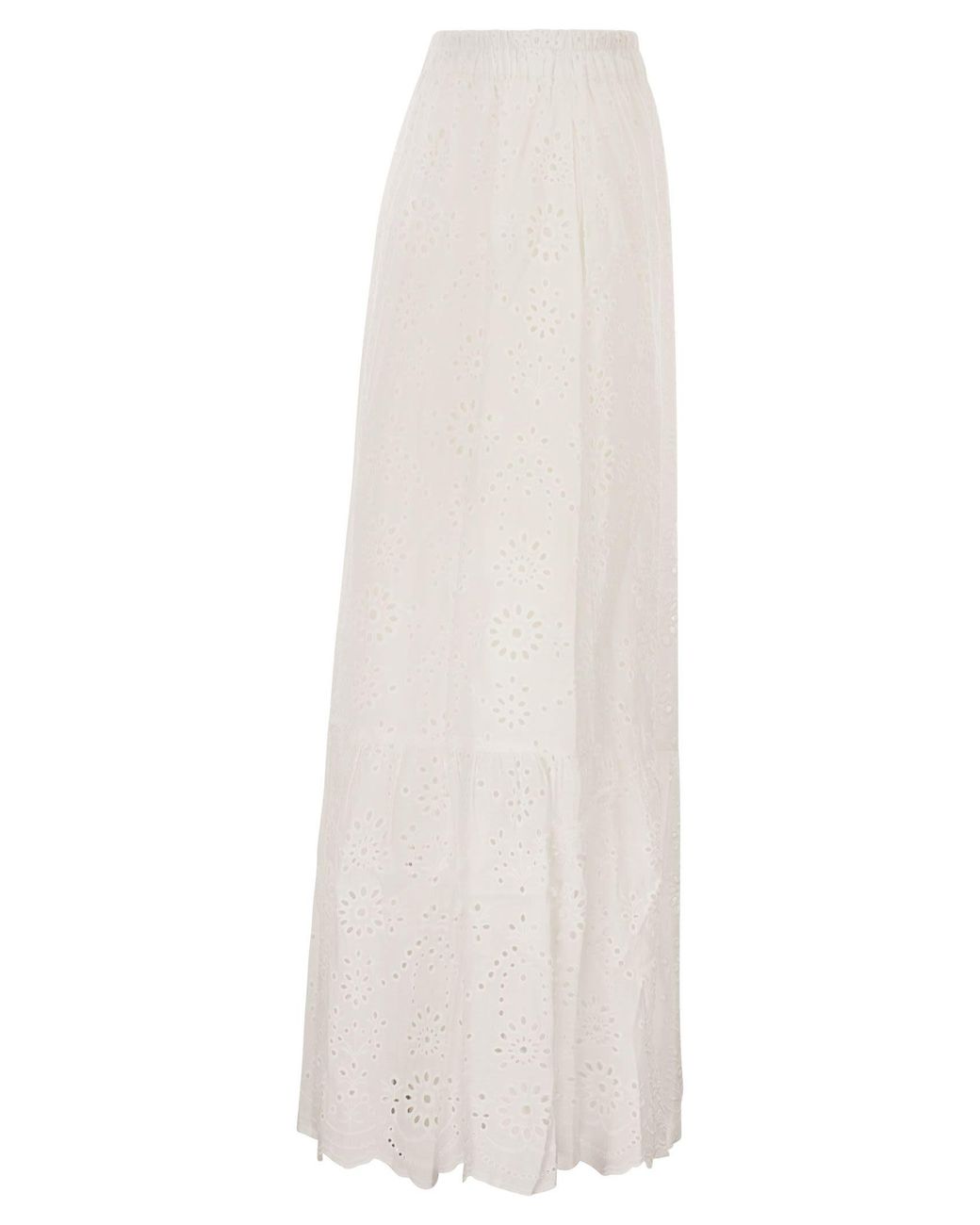 Mc2 Saint Barth White Long Linen And Cotton Broderie Anglaise Skirt