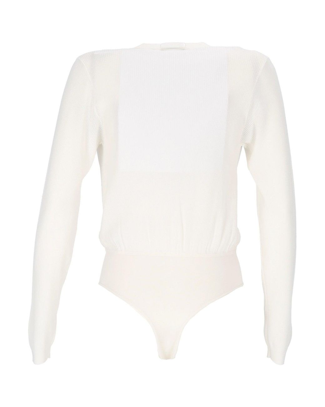 Elisabetta Franchi White Long-Sleeved Bodysuit With Deep V-Neckline And Ribbed Texture