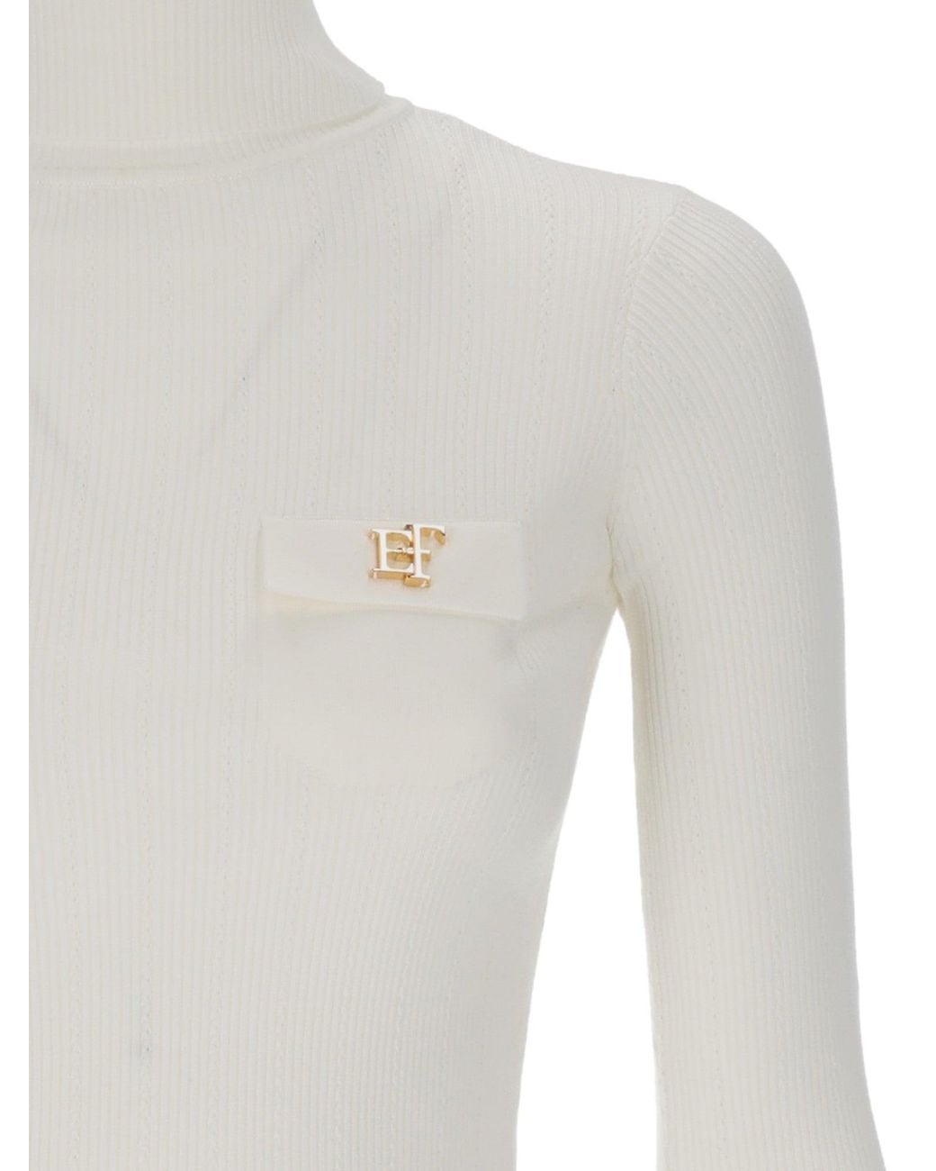 Elisabetta Franchi White Fitted Long-Sleeve Knit Top With High Turtleneck
