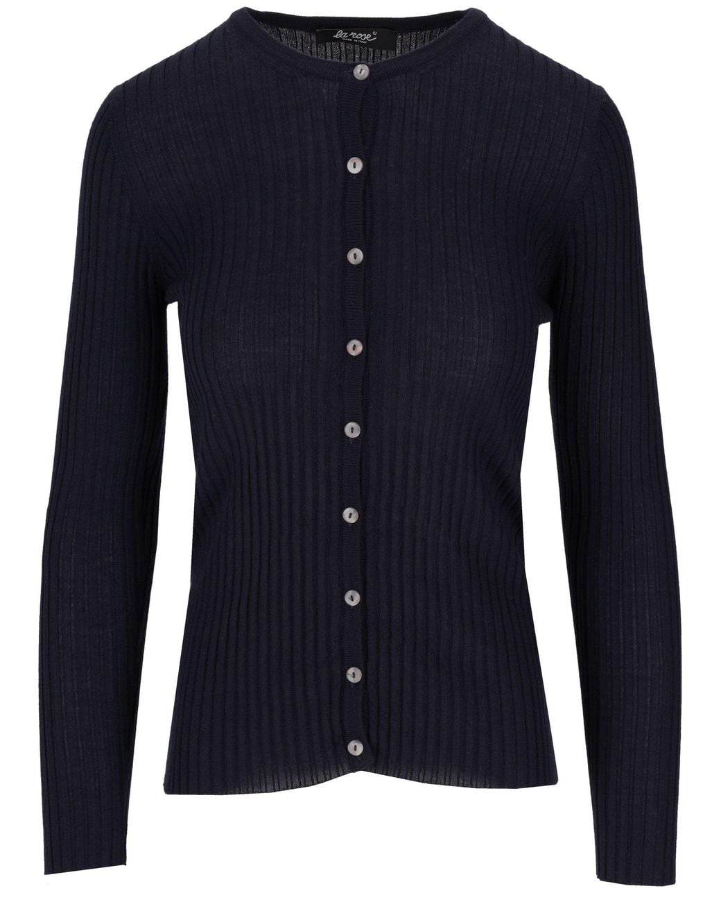 LA ROSE Blue Cash/Silk Ribs R Neck Cardigan