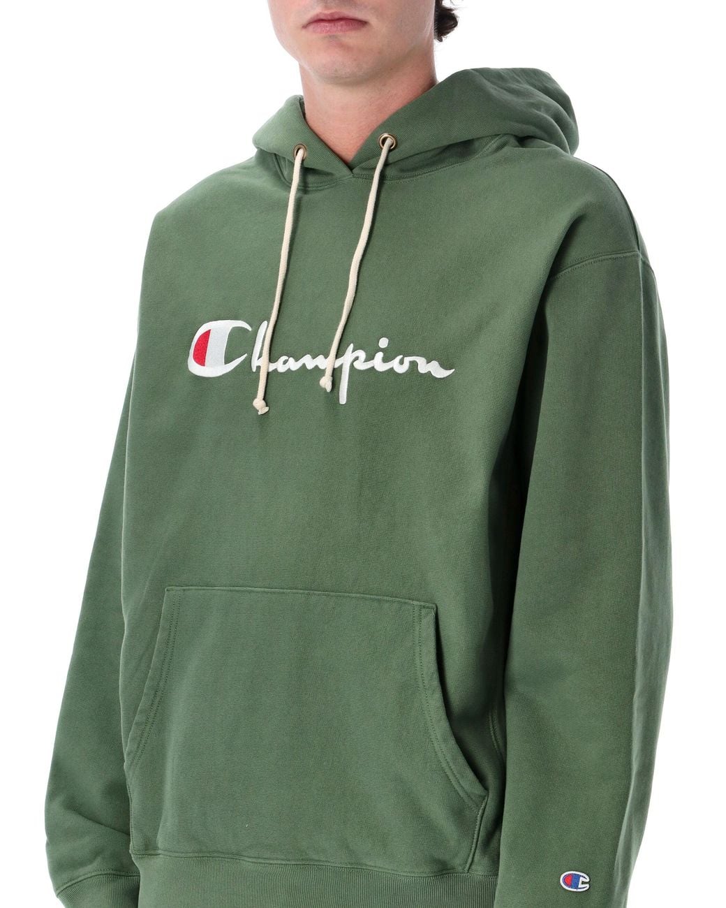 Champion Green Reverse Weave Fleece Relaxed Fit Hoodie With Embroidered Chest Logo