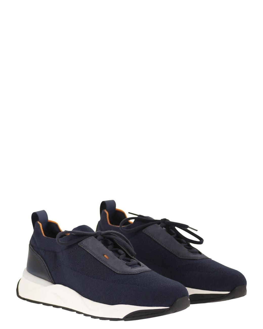 Santoni Blue Textile And Leather Trainers With Raised Sole for men
