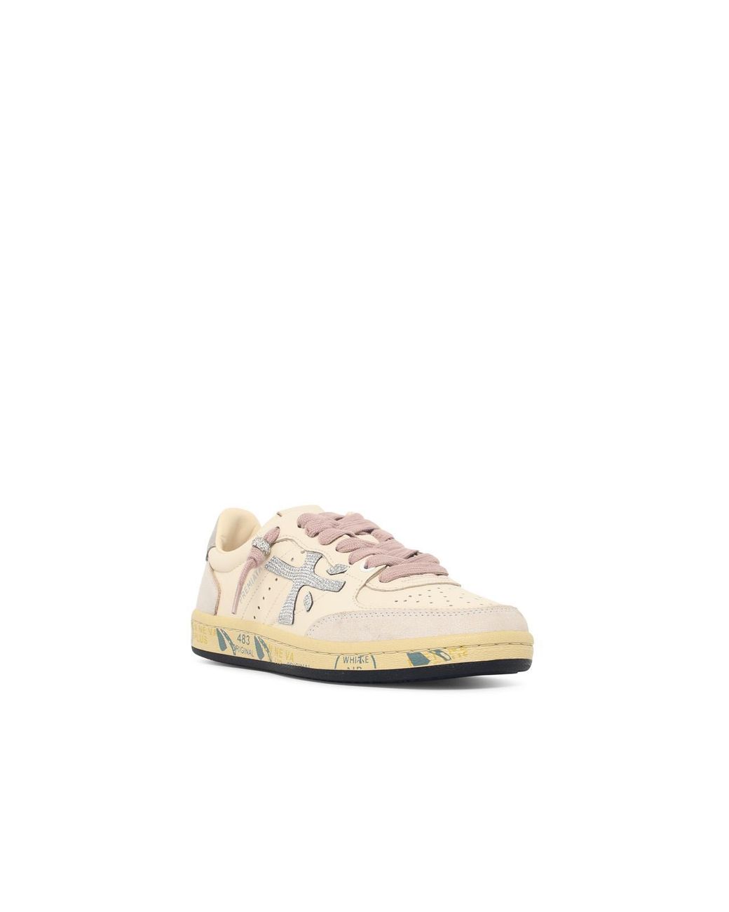 Premiata White Ivory Leather Sneakers With Glitter Side Insert And Logo Detail