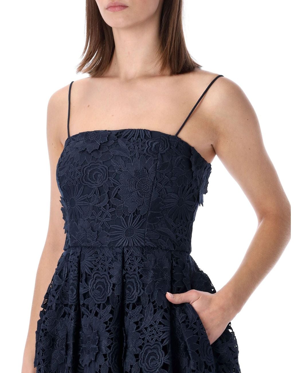 ROTATE BIRGER CHRISTENSEN Blue Rotate Flared 3D Lace Midi Dress