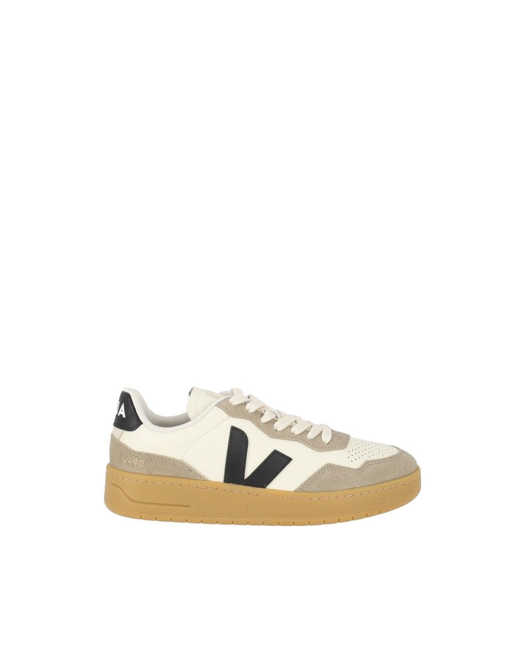 Veja White V-90 Organic Traced Leather Low-Top Sneakers