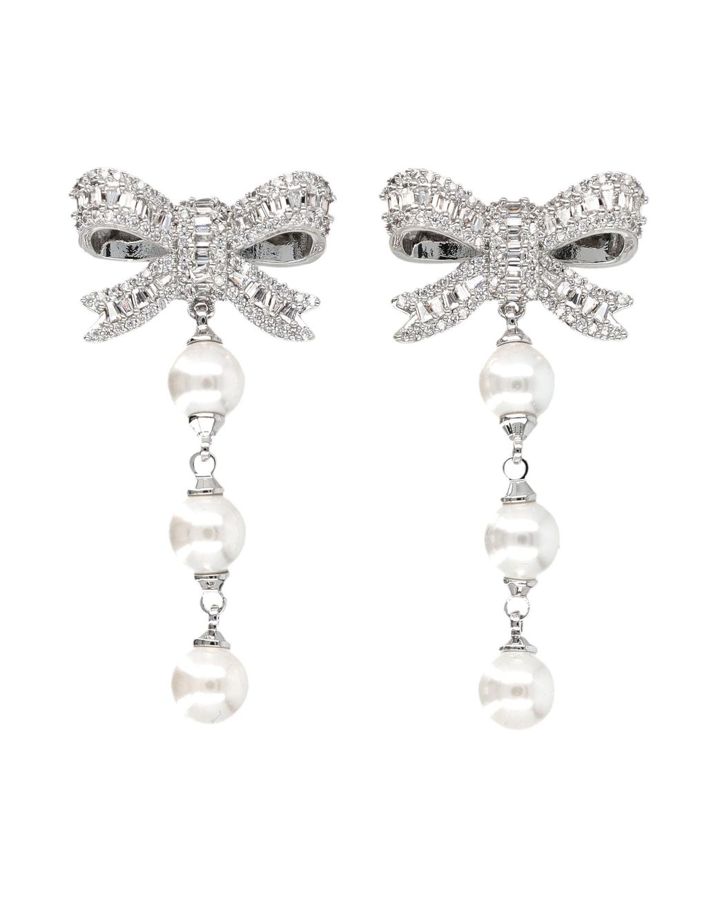 Self-Portrait White Tone Bow Mini Drop Earrings With Faux Crystal Droplets