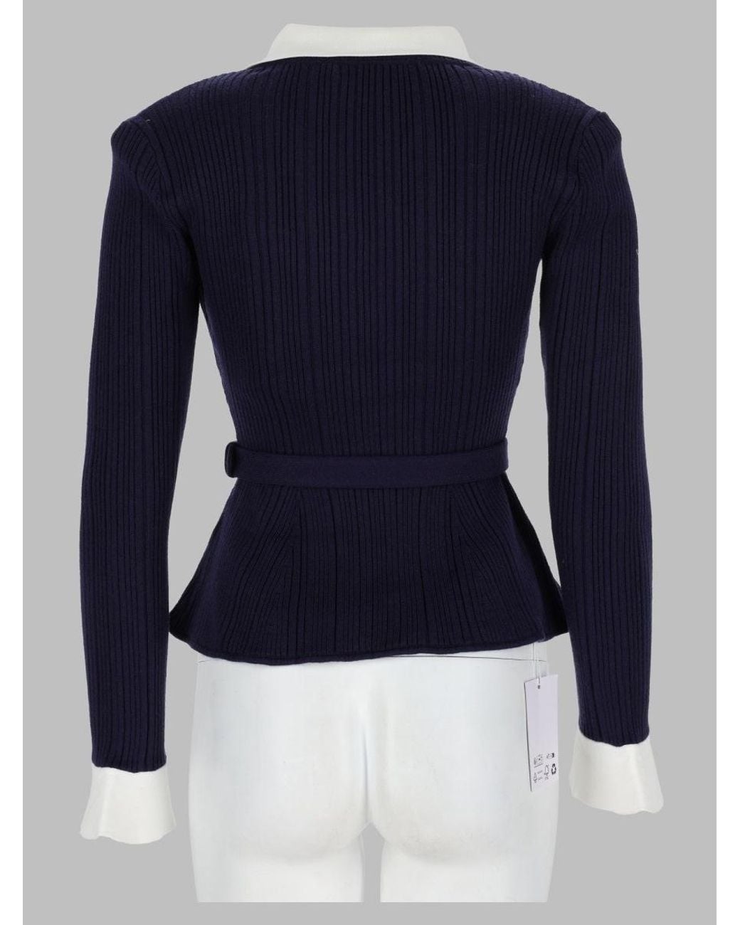Self-Portrait Blue Ribbed Knit Sweater With Peplum Hem And Pearl Embellishments