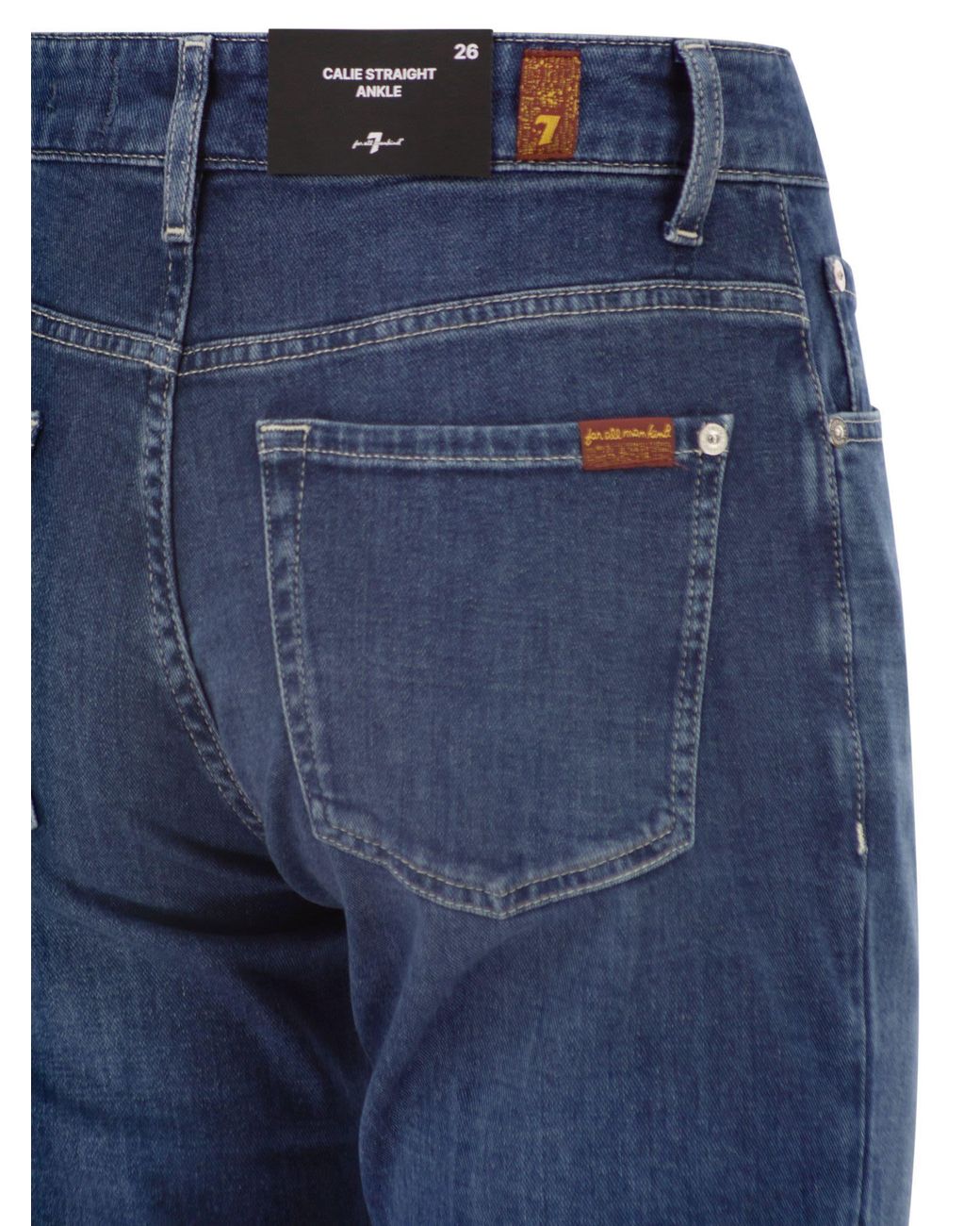 7 For All Mankind Blue Calie Straight Ankle Stretch Denim Jeans With Metallic Fibre