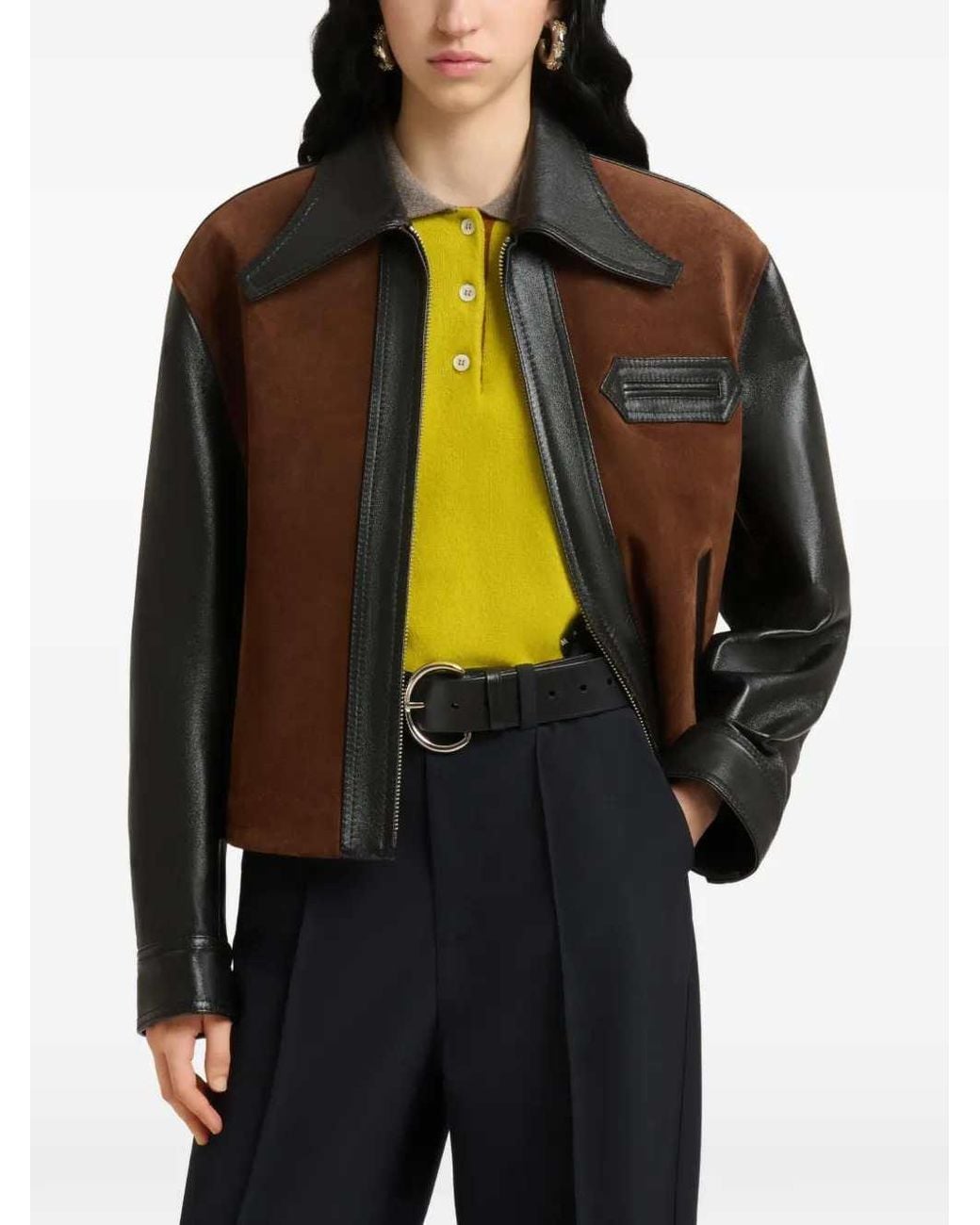 Marni Brown Leather Jacket With Split Leather Front Panel
