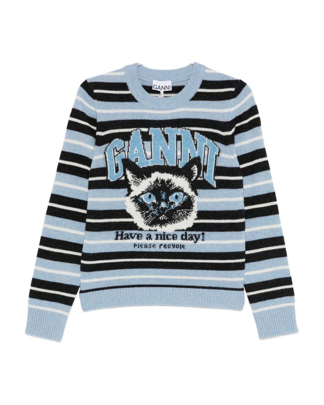 Ganni Blue Wool Crewneck Sweater