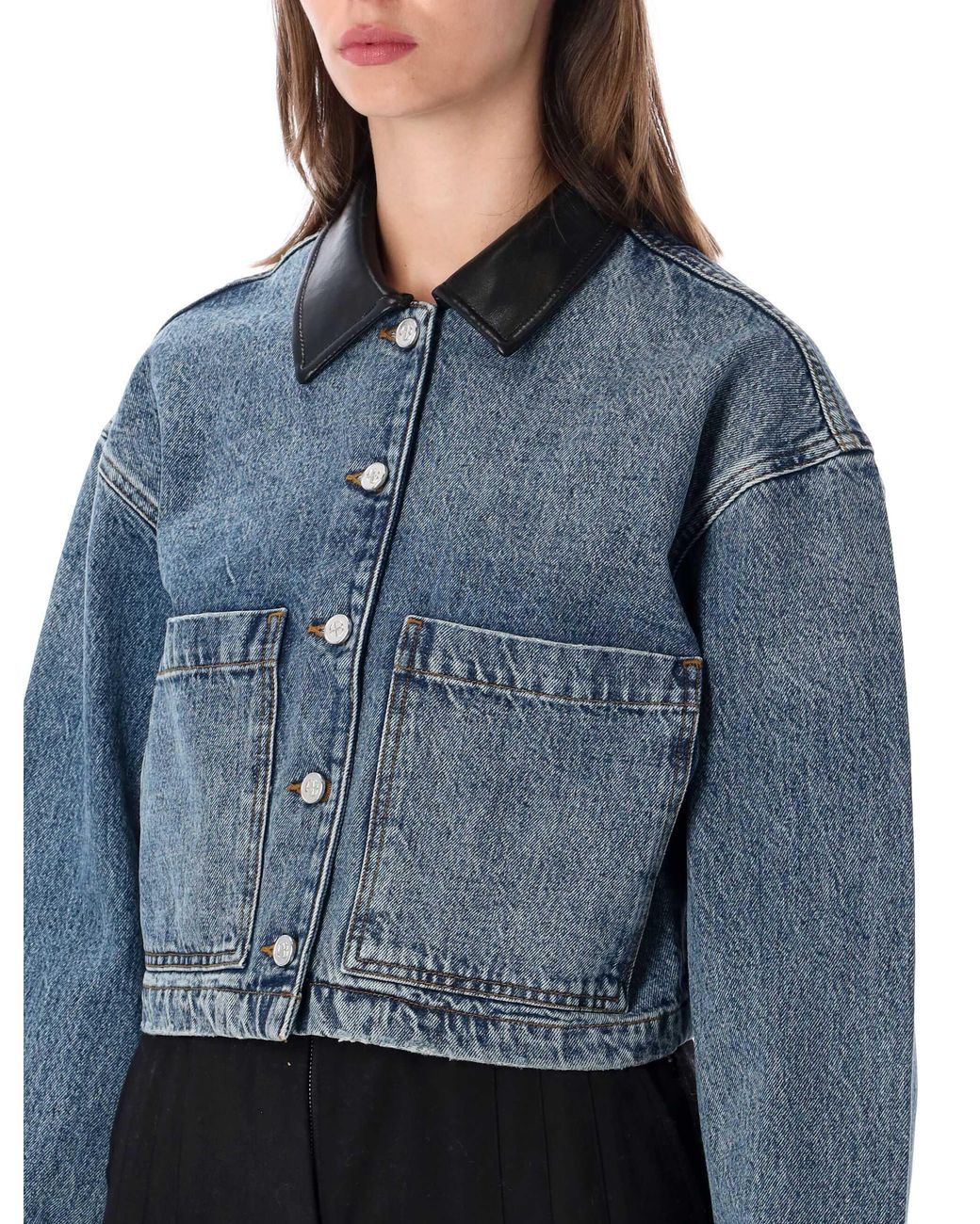Anine Bing Blue Cropped Denim Jacket With Faux Leather Collar