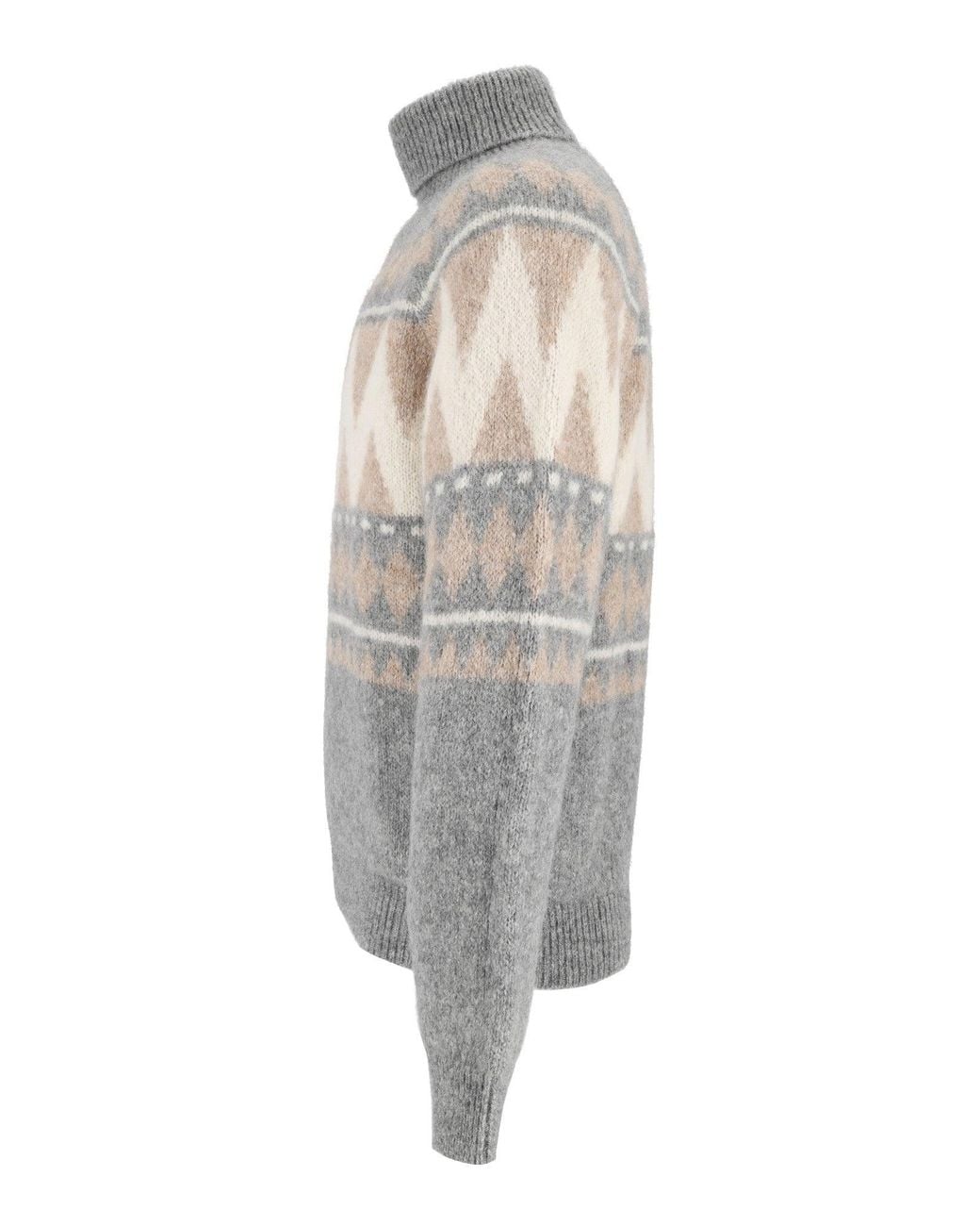 Peserico Gray Geometric High-Neck Knit Sweater for men