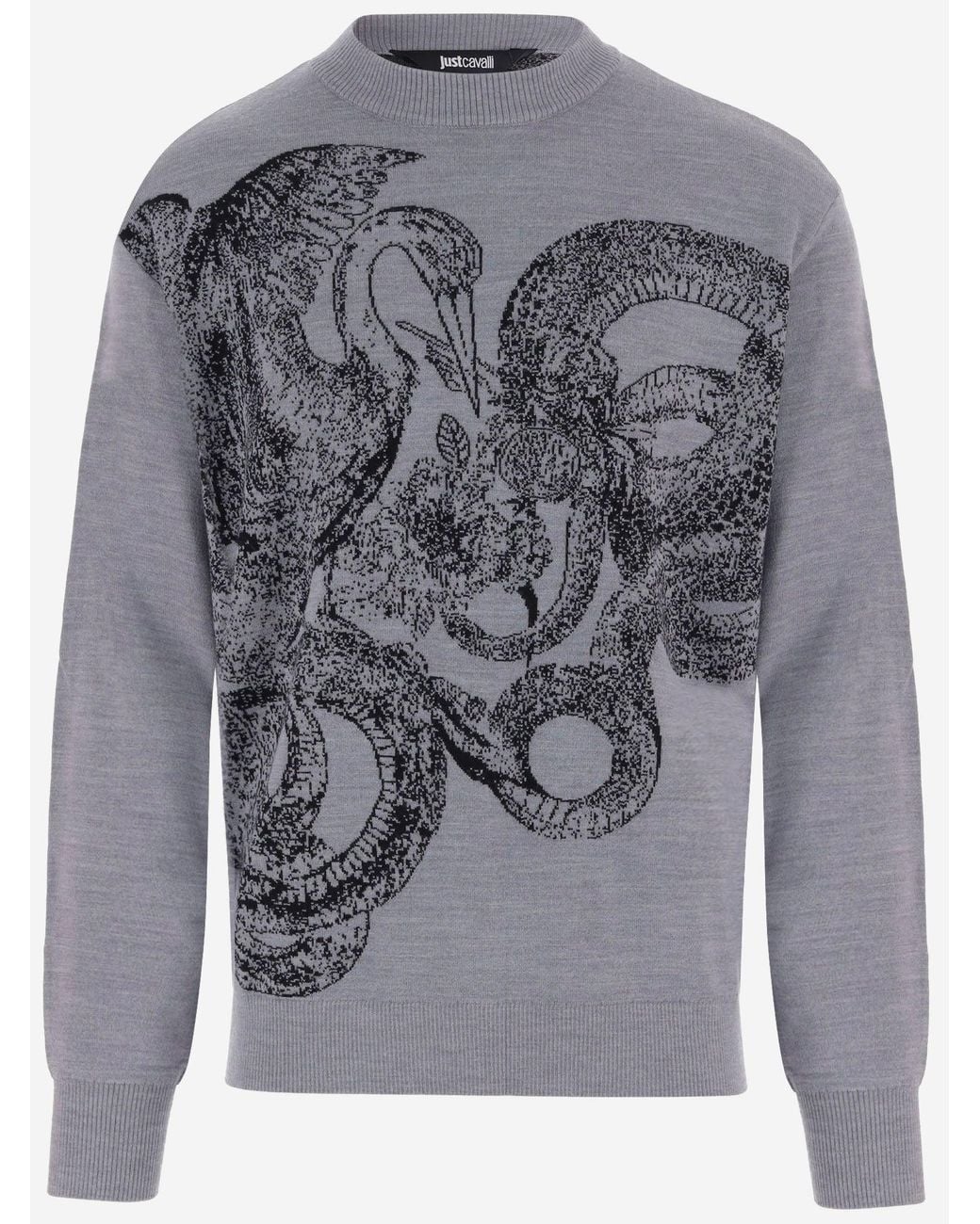 Just Cavalli Gray Printed Wool-Blend Sweater Acrylic for men