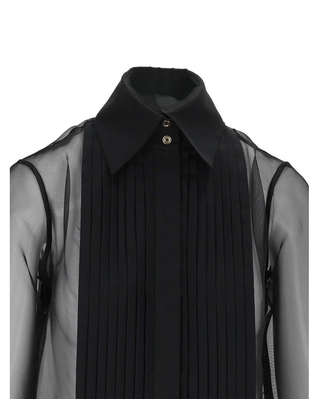 Elisabetta Franchi Black Translucent Pleated Bib Classic Collar Blouse