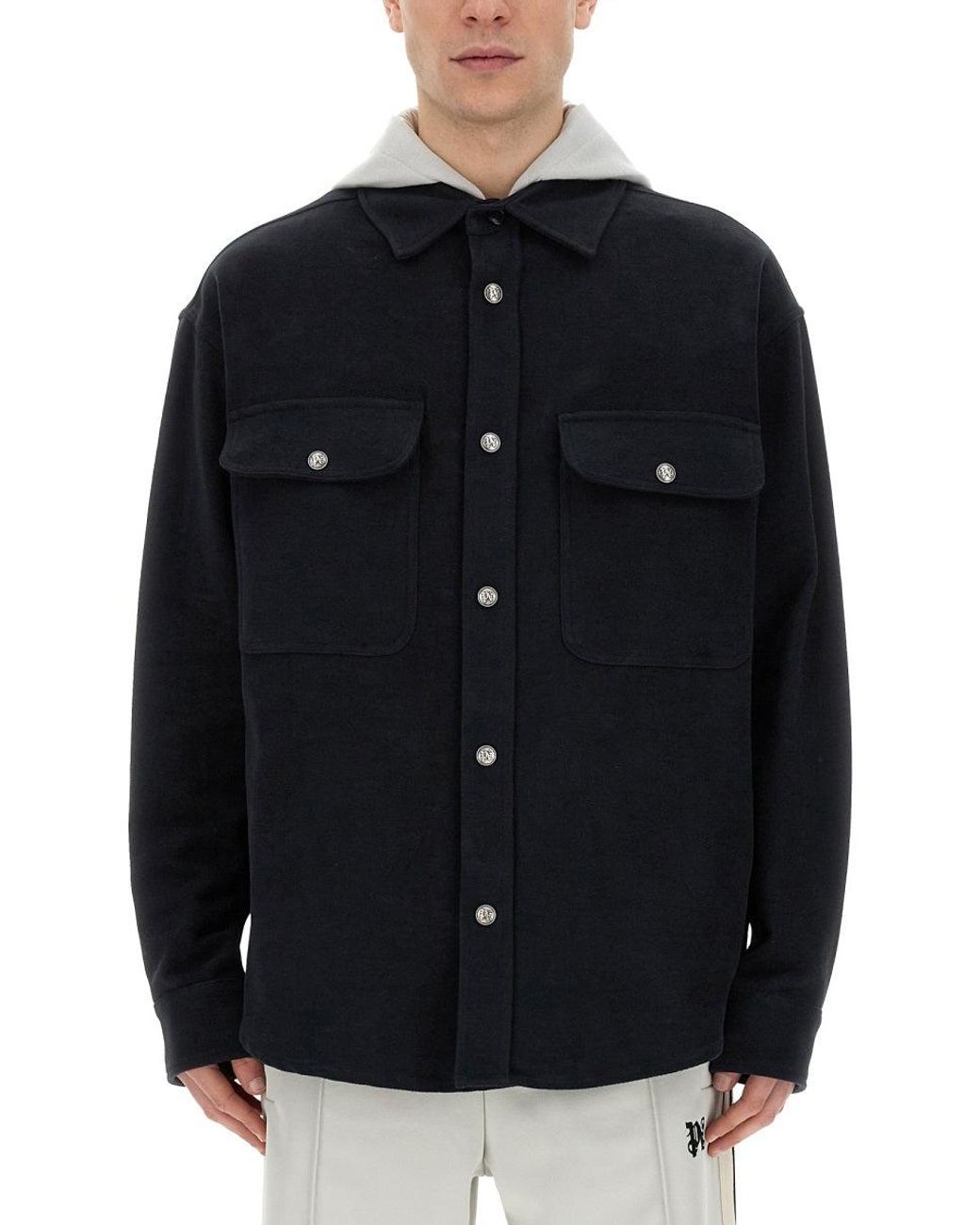 Palm Angels Black Shirt-Jacket With Monogram for men