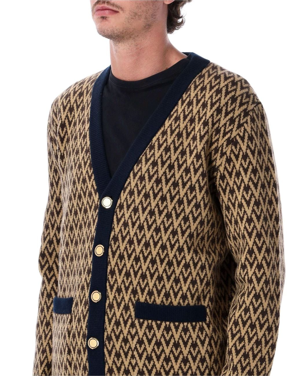 Valentino Garavani Black Toute The V Jacquard Wool Cardigan With V-Neck & -Tone Buttons