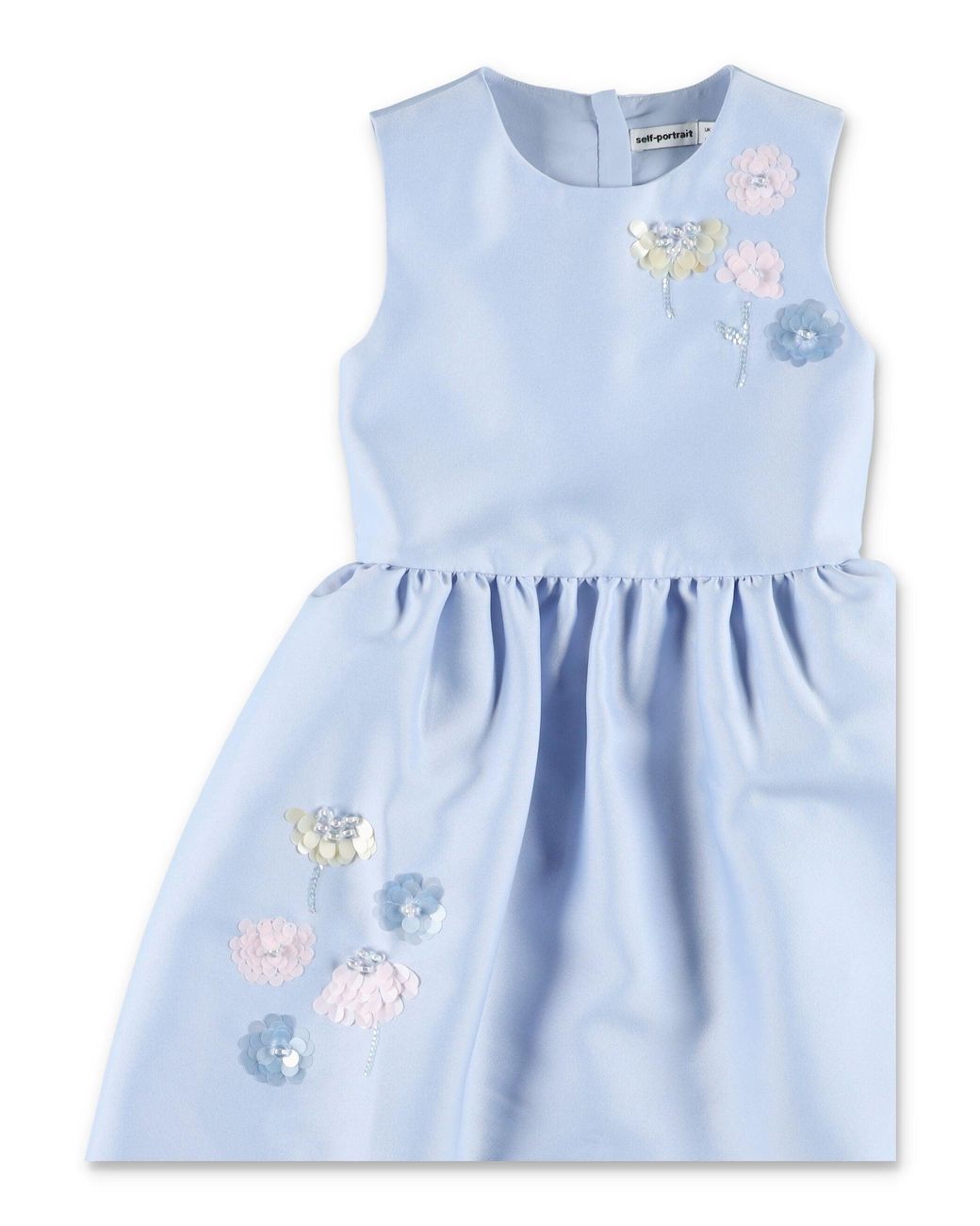 Self-Portrait Blue Floral Sequin Taffeta Dress For Girls With Fitted Bodice And Fluted Skirt