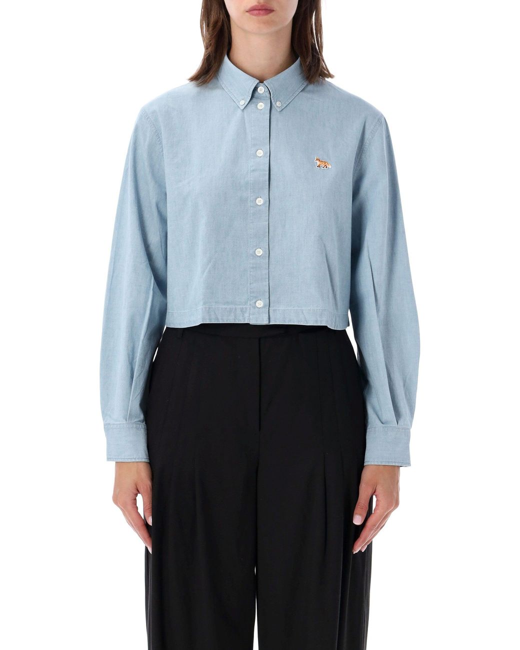 Maison Kitsuné Blue Cropped Button-Front Cotton Shirt