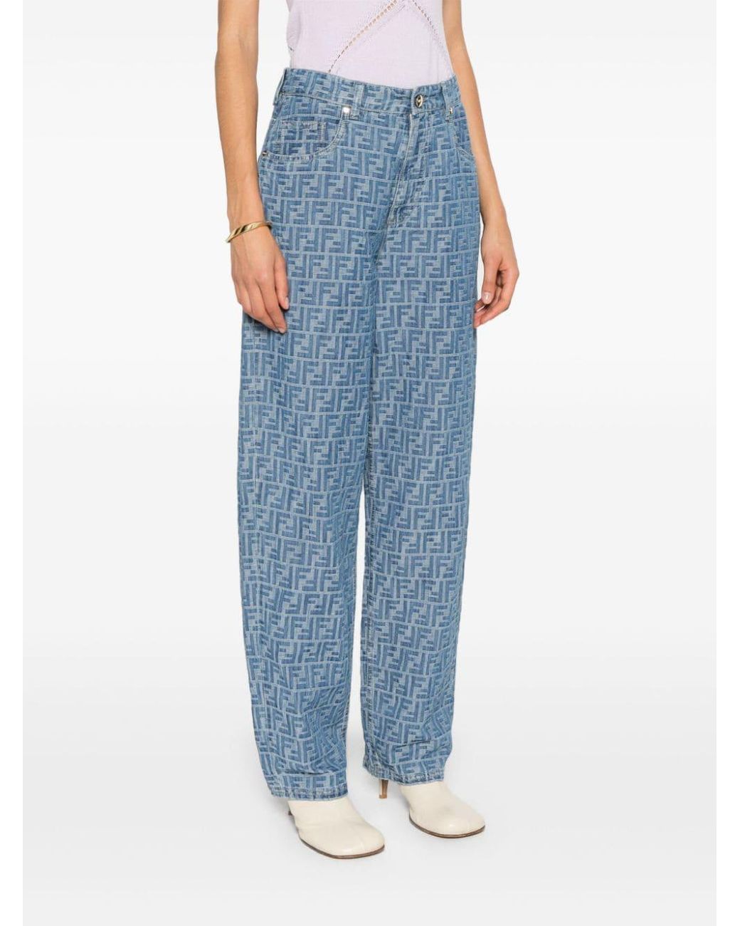 Fendi Ff-motif Chambray Trousers in Blue | Lyst