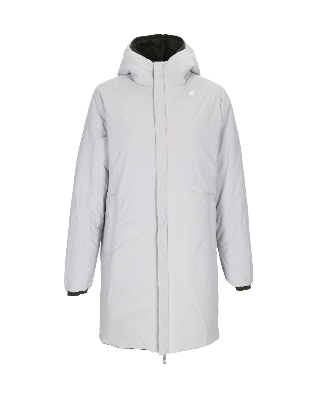 K-Way Gray 3/4 Length Padded Jacket With Hood And Stripe Detail