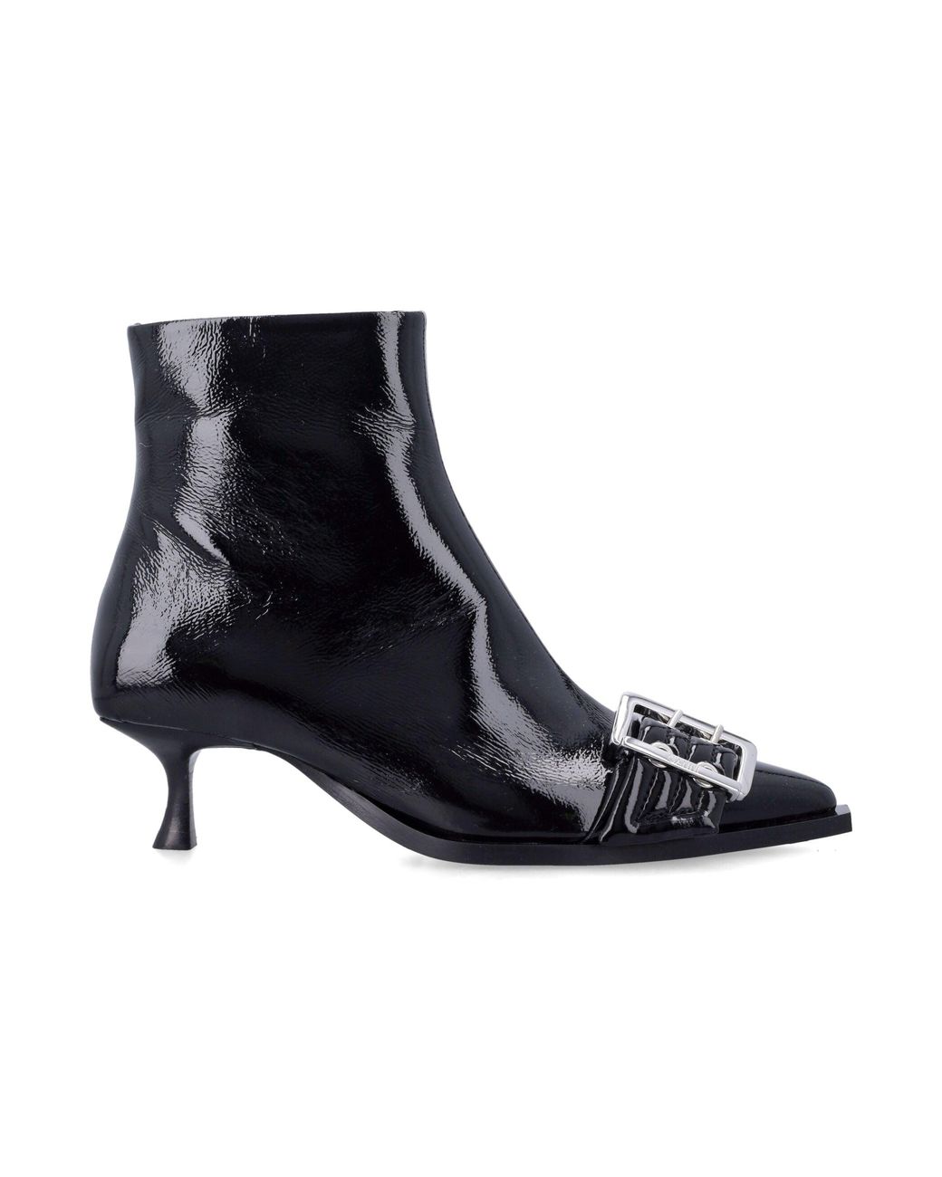 Ganni Black Inspired Patent Leather Ankle Boots With Oversized-Tone Buckle