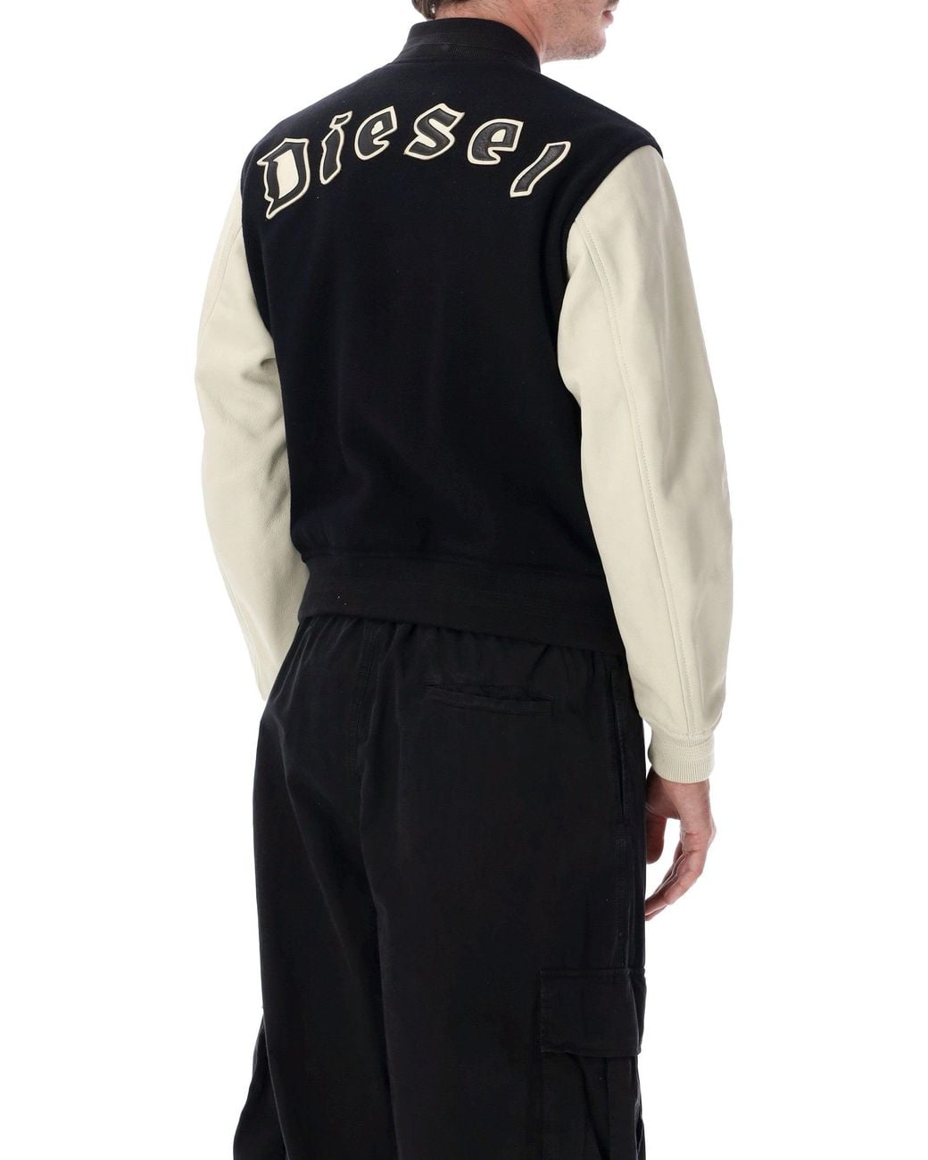 DIESEL Black Wool-Blend Bomber Jacket With Leather Sleeves for men