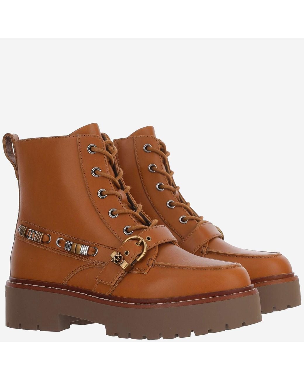 Pinko Brown Leather Ankle Boots With Logo