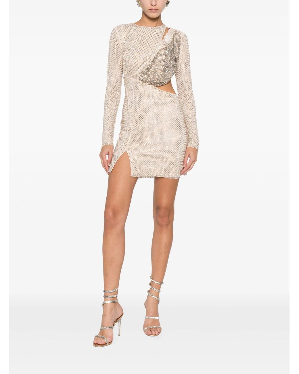 Self-Portrait Champagne Rhinestone Lace Trim Mini Dress in Natural | Lyst UK