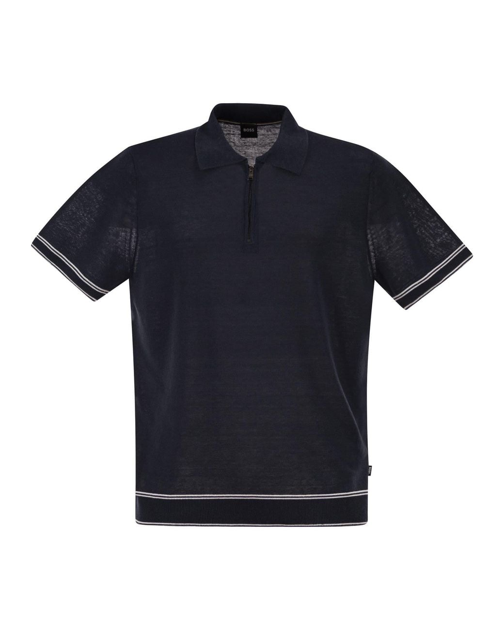 Boss Blue Linen And Viscose Polo Shirt With Zip And Contrast Trims