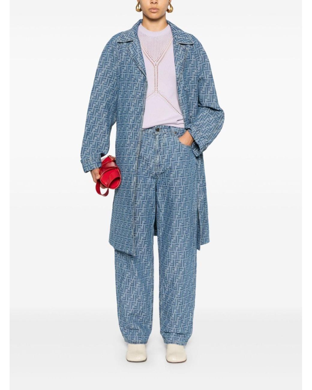 パンツ FENDI Embroidered Chambray Wide-Leg Pant Fendi Ff-motif Chambray Trousers in Blue | Lyst