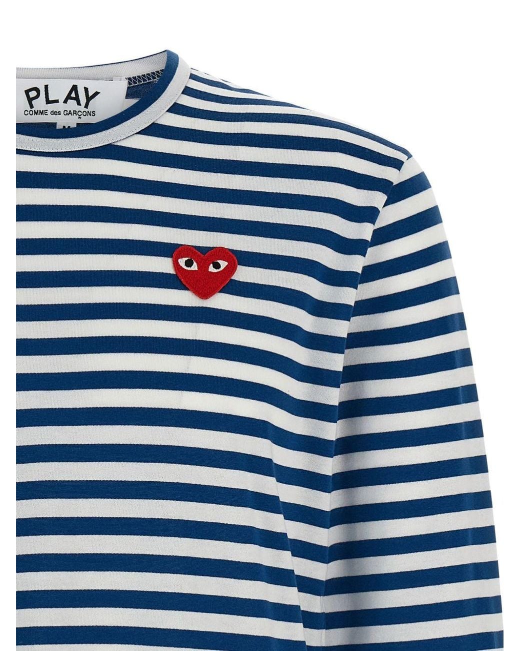 Comme des Garçons Blue Heart Striped Cotton T Shirt