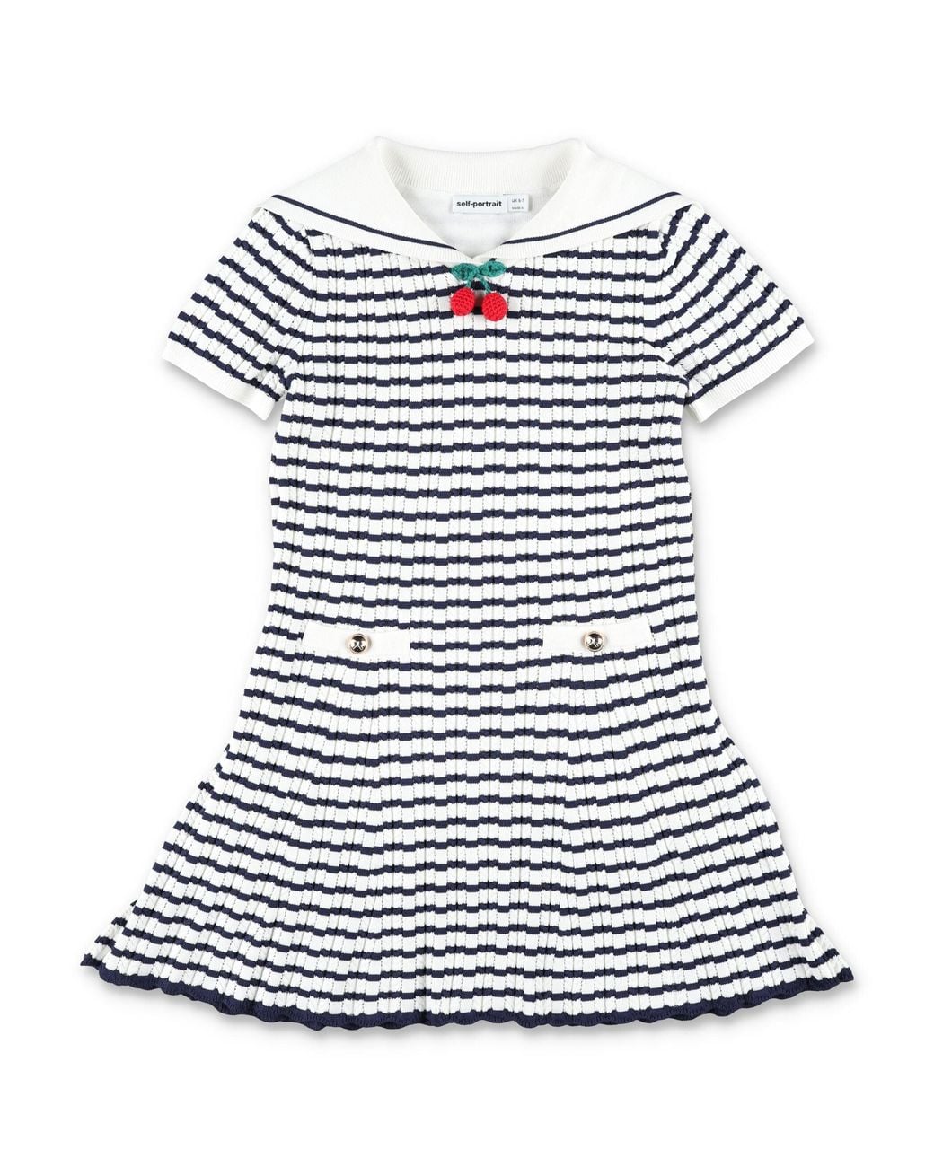 Self-Portrait White Textured Pointelle Sailor Knit Dress With Cherry Appliqué & Button Detail