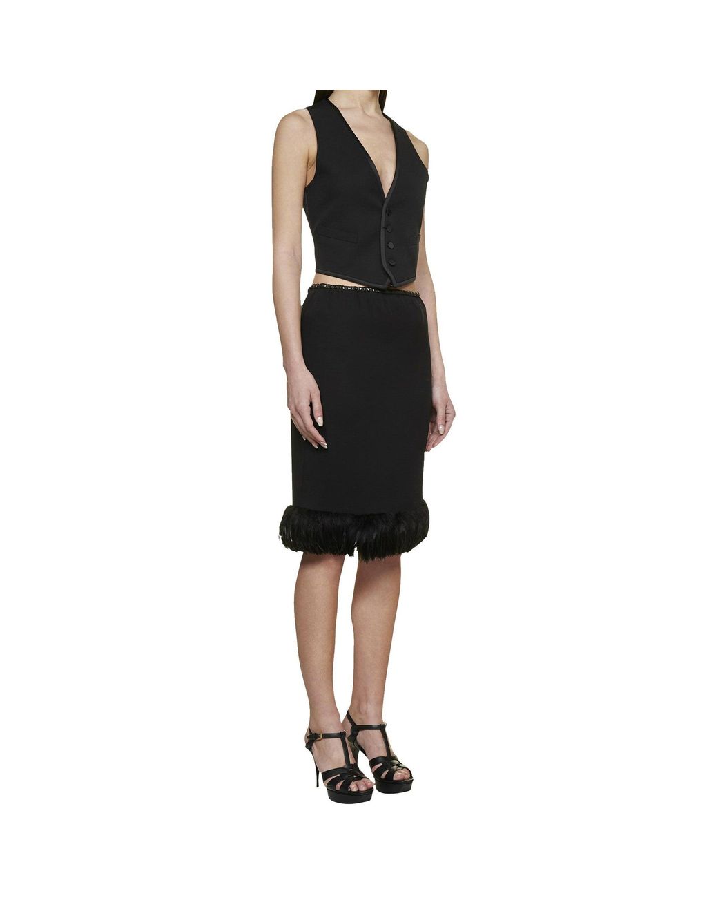 Saint Laurent Black Feathers Trim Silk Skirt