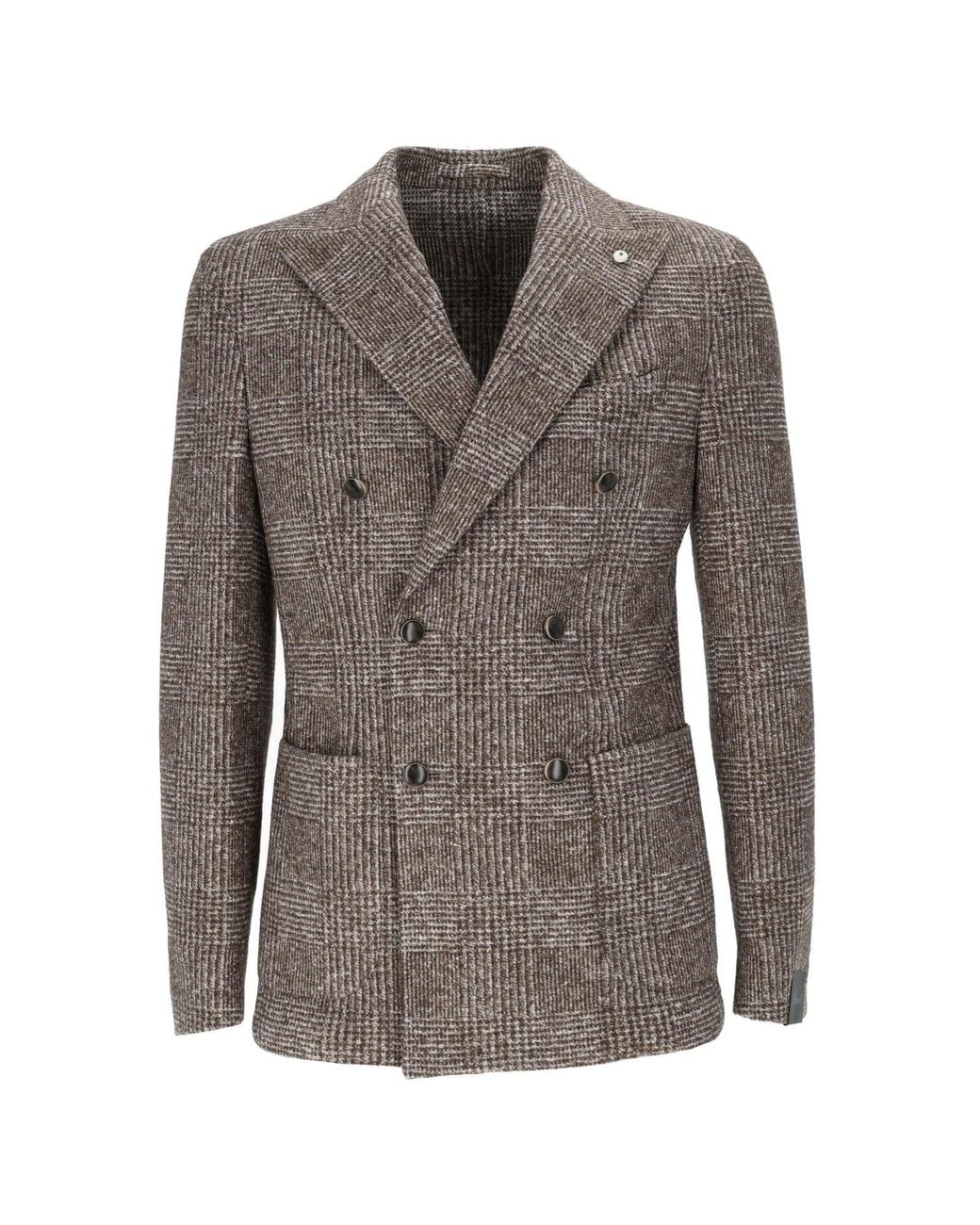 BRANDO-LUBIAM Gray Double-Breasted Checkered Jacket With Wide Lapels