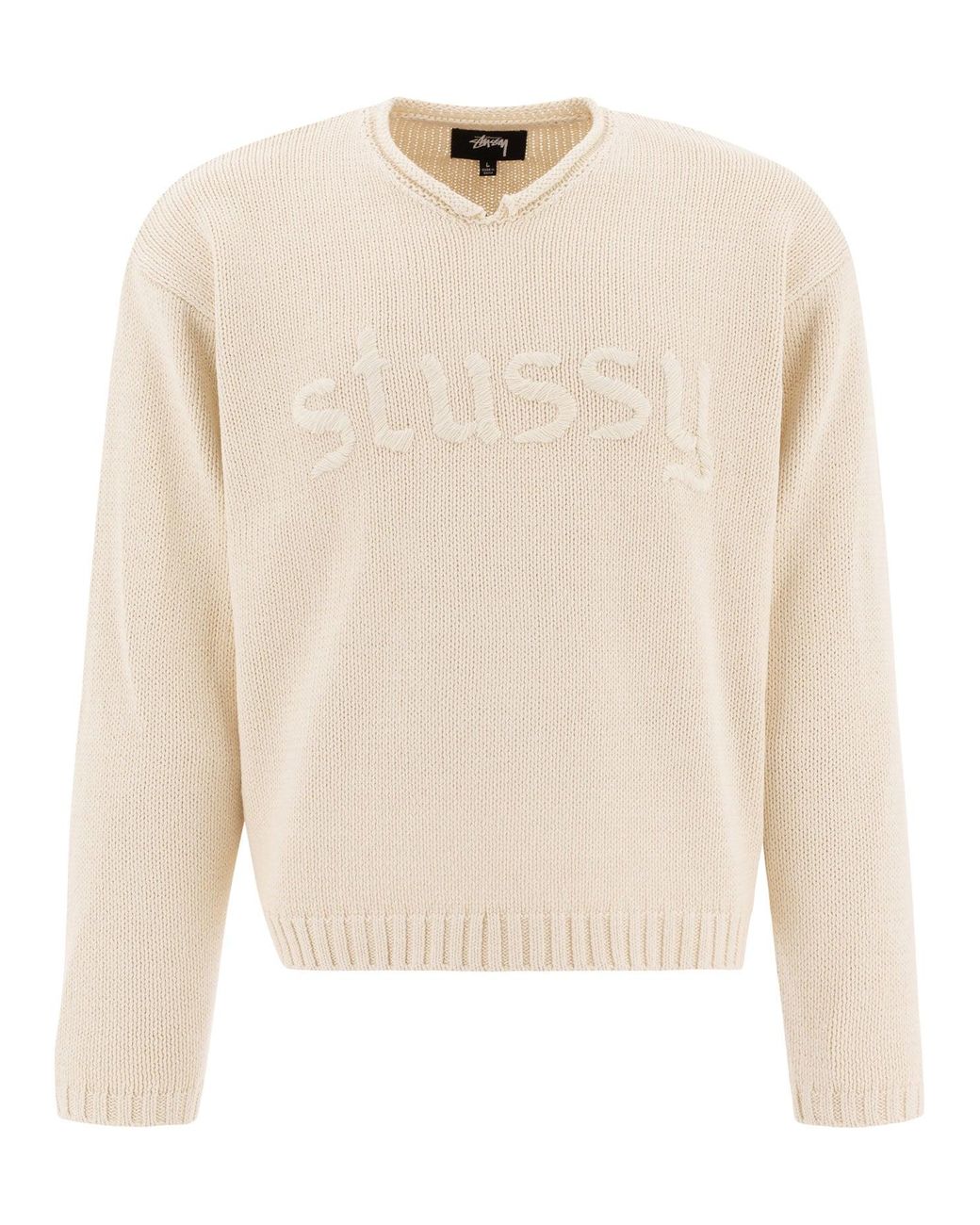 stussy-Beige-V-Neck-Sweater-