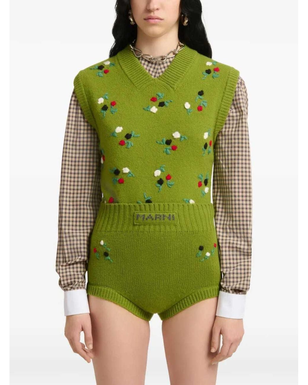 Marni Green Wool And Cashmere Vest With Floral Embroidery