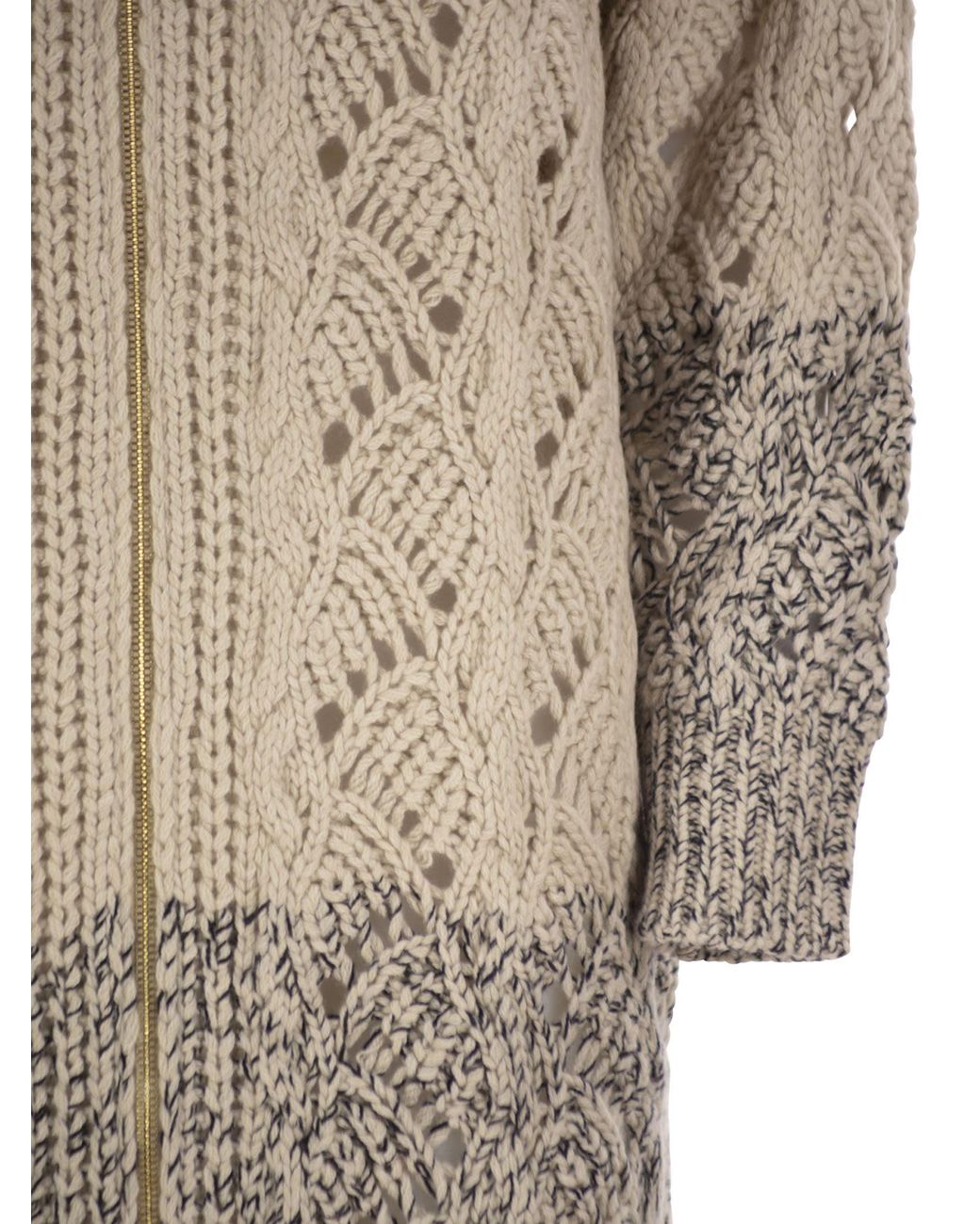 Fabiana Filippi Natural Long Openwork Wool, Silk And Cashmere Cardigan