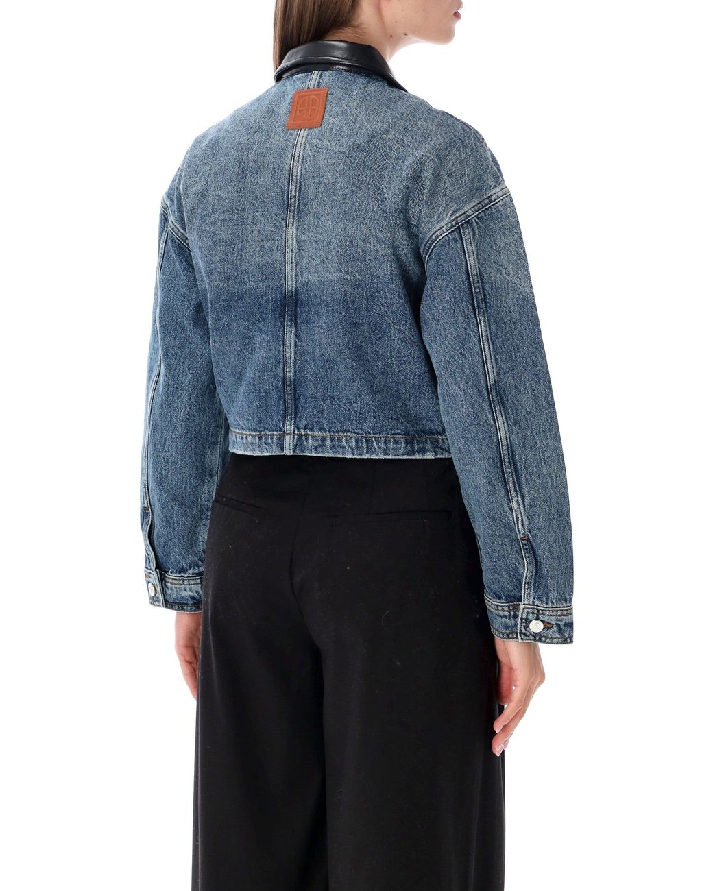 Anine Bing Blue Cropped Denim Jacket With Faux Leather Collar