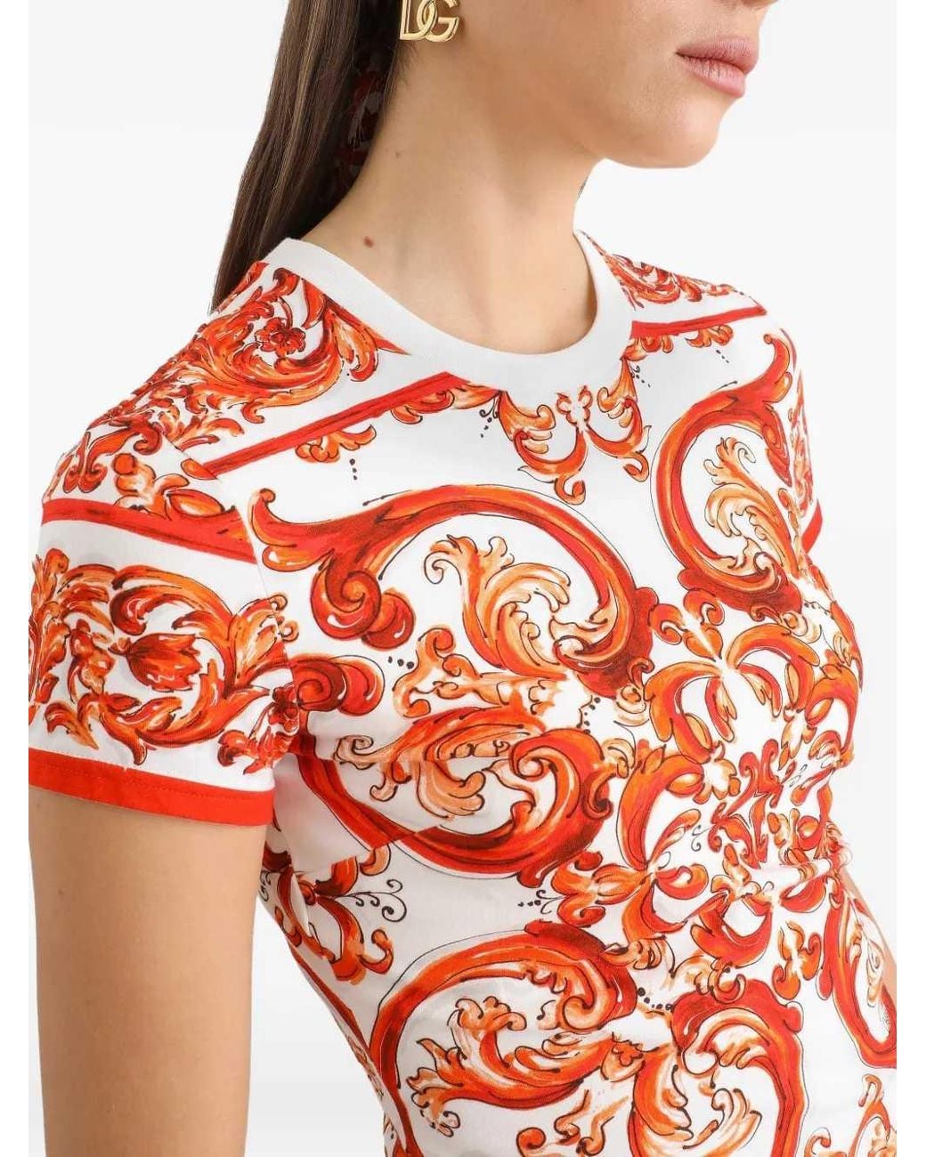 Dolce & Gabbana Red Dolce & Gabbana Jersey T-Shirt With Majolica Print