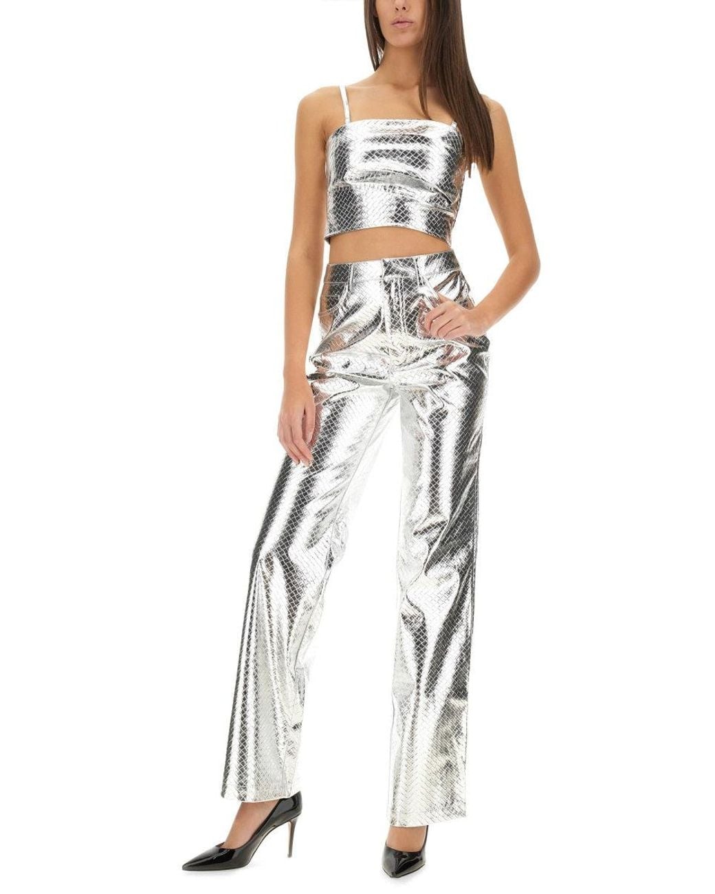 ROTATE BIRGER CHRISTENSEN High-Waisted Metallic Finish Straight Leg Pants