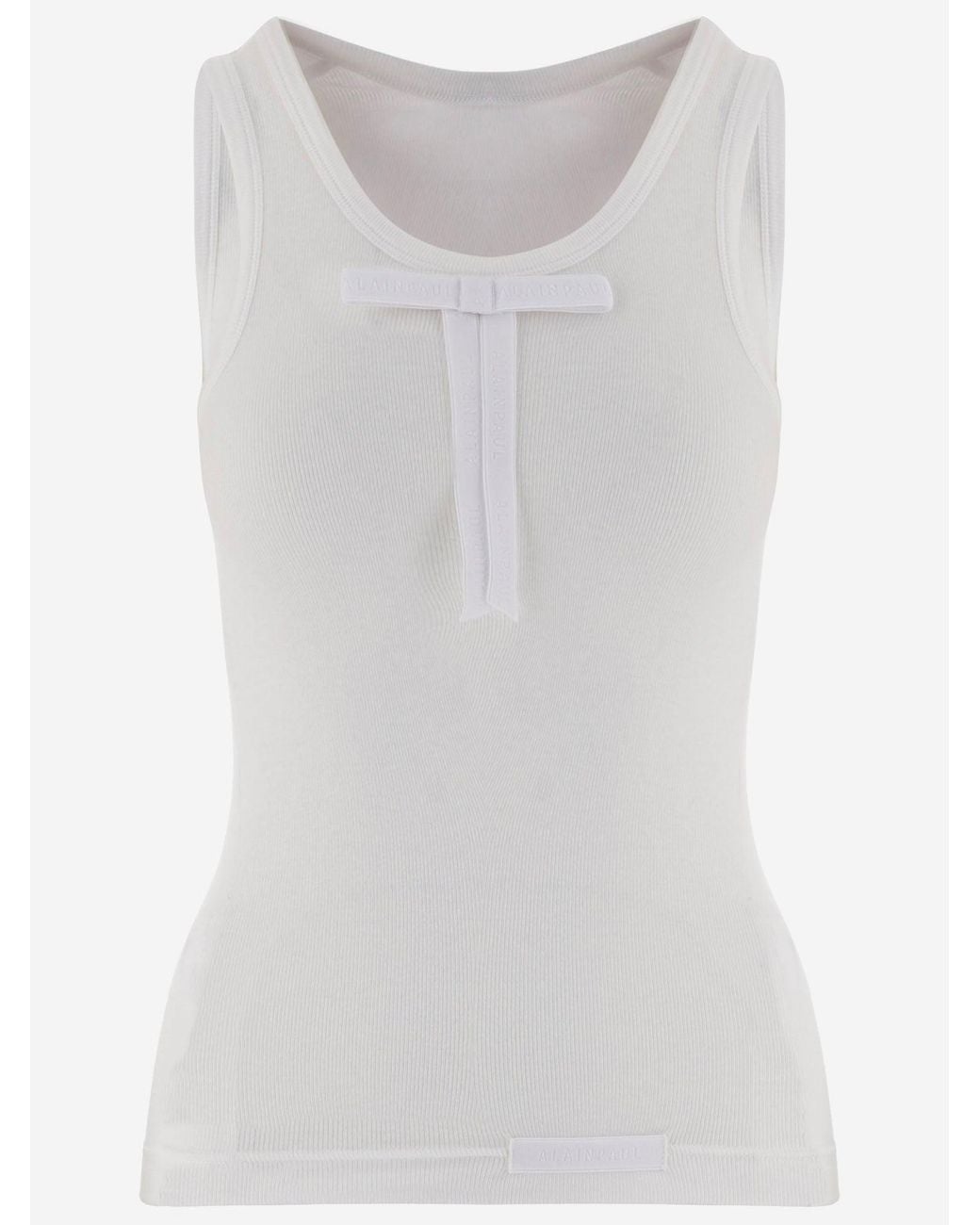 ALAINPAUL White Ribbed Stretch Lyocell Top With Bow Tops