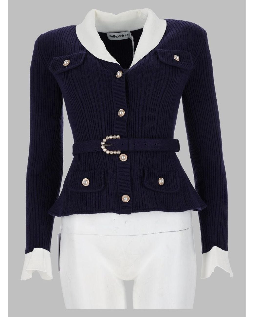 Self-Portrait Blue Ribbed Knit Sweater With Peplum Hem And Pearl Embellishments