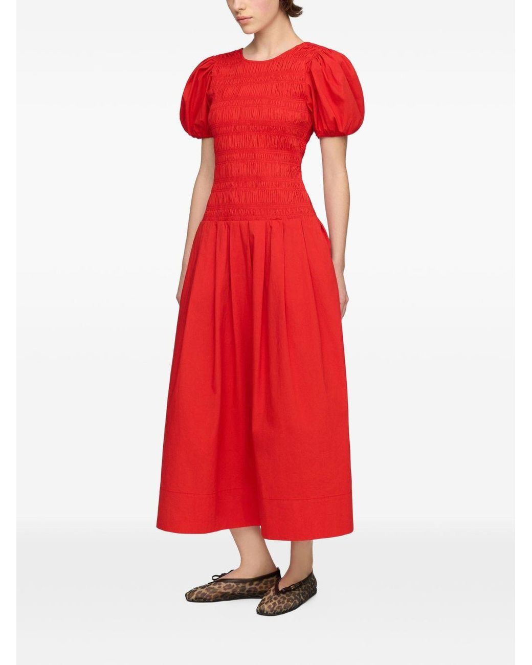 Ganni Red Organic Cotton Midi Dress