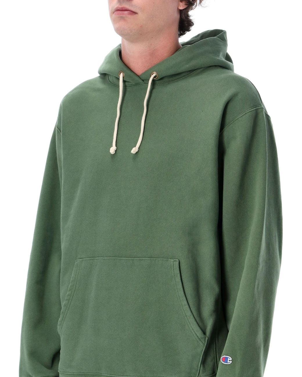 Champion Green Reverse Weave Hooded Sweatshirt With Brushed Fleece And Kangaroo Pocket